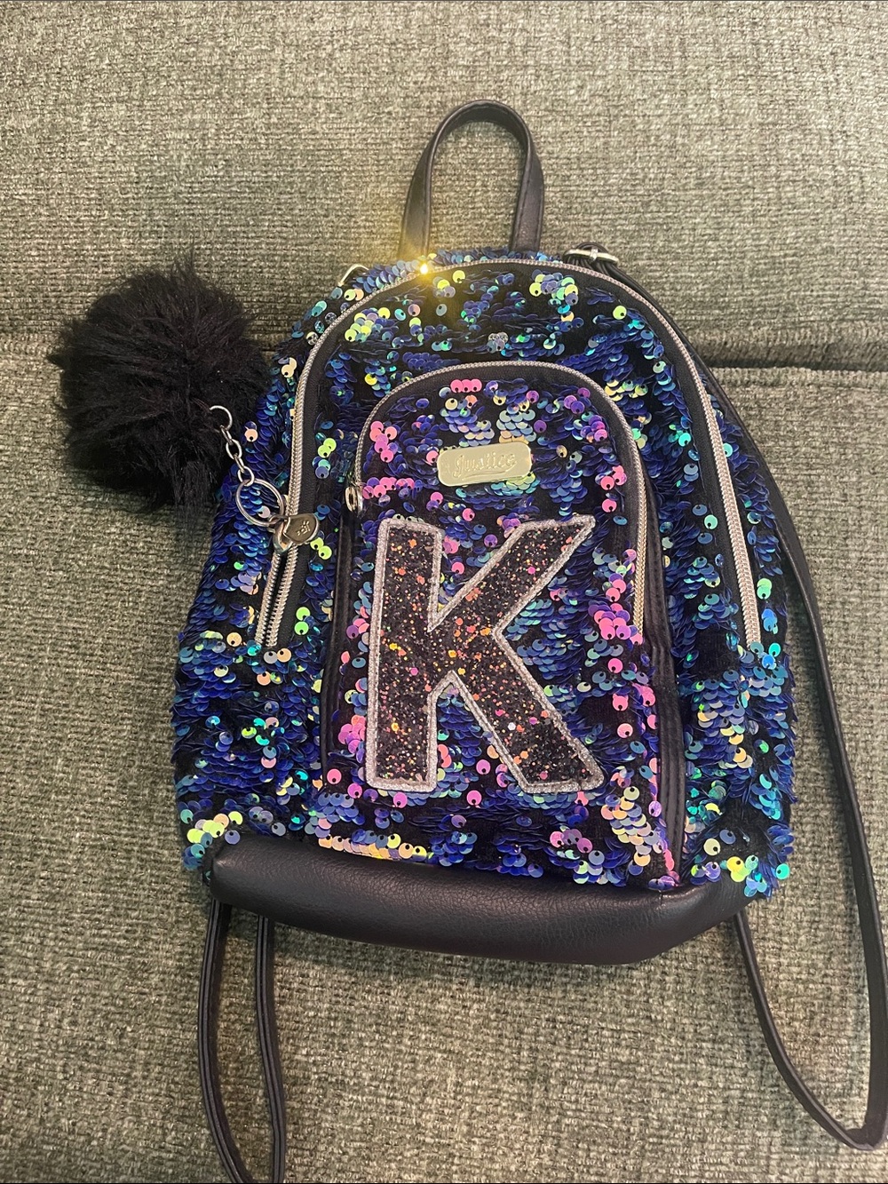 Justice-Kids Sequined Mini Backpack with Sparkle 'K' Accent - Blue/Purple